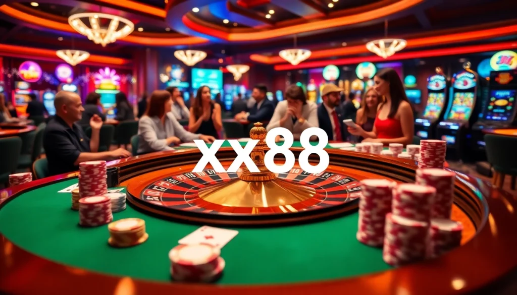 x88 casino scene showcasing vibrant roulette, poker chips, and lively slot machines illustrating excitement