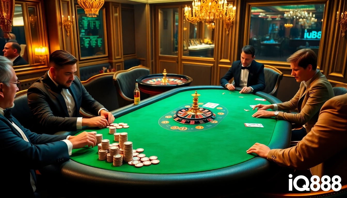 Exciting poker scene at iq88 casino with vibrant chips and glamorous players.