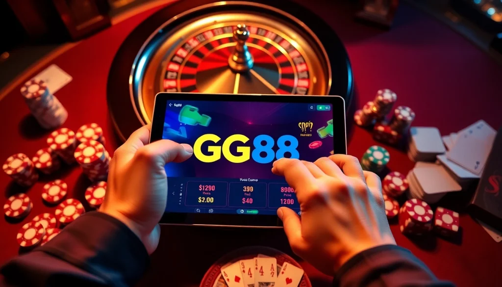 GG88 online gambling interface surrounded by casino chips and playing cards in an upscale setting.