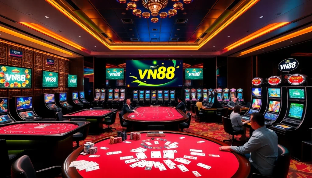 Engaged players enjoying games at nhà cái vn88's online casino interface with vibrant betting slips.