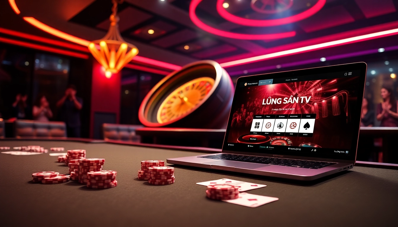 Lương Sơn TV enhances online gambling experiences with vibrant visuals of poker chips and roulette.