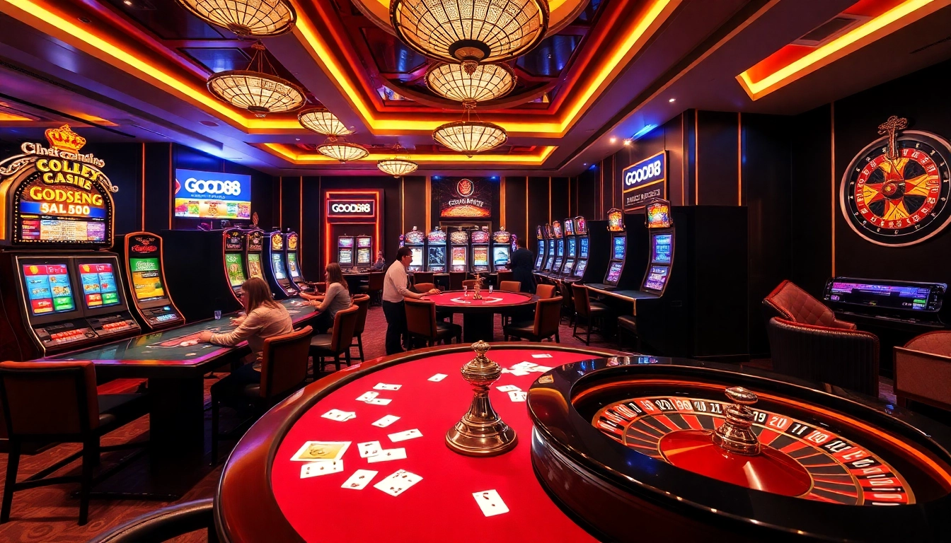 Exciting gameplay at Good88 casino with vibrant poker tables and flashing slot machines.
