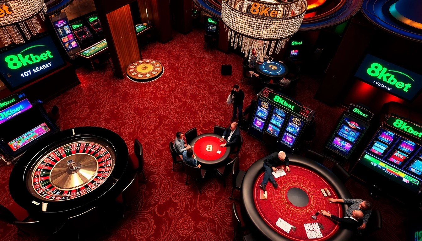 Engaging players at 8kbet casino tables with vibrant roulette and poker games.