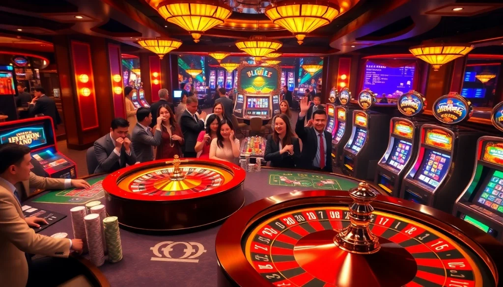 Experience the thrill of gaming at nhà cái 33win with vibrant slot machines and an exciting roulette table.
