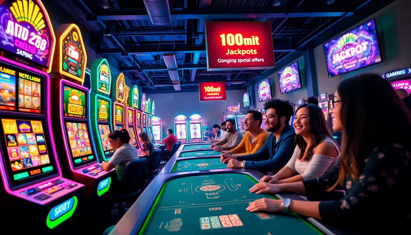 Hitclub gaming scene with vibrant slot machines, diverse players, and neon lights showcasing excitement.