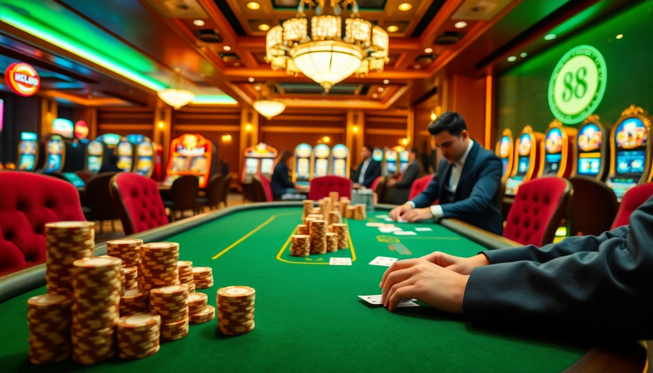 Hello88 gamers enjoying an exciting poker game at a luxurious casino table with vibrant atmosphere.