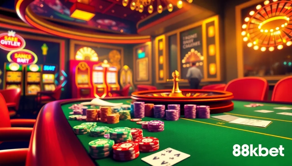 Experience thrilling gameplay at 8kbet with vibrant casino tables, exciting poker chips, and a roulette wheel.