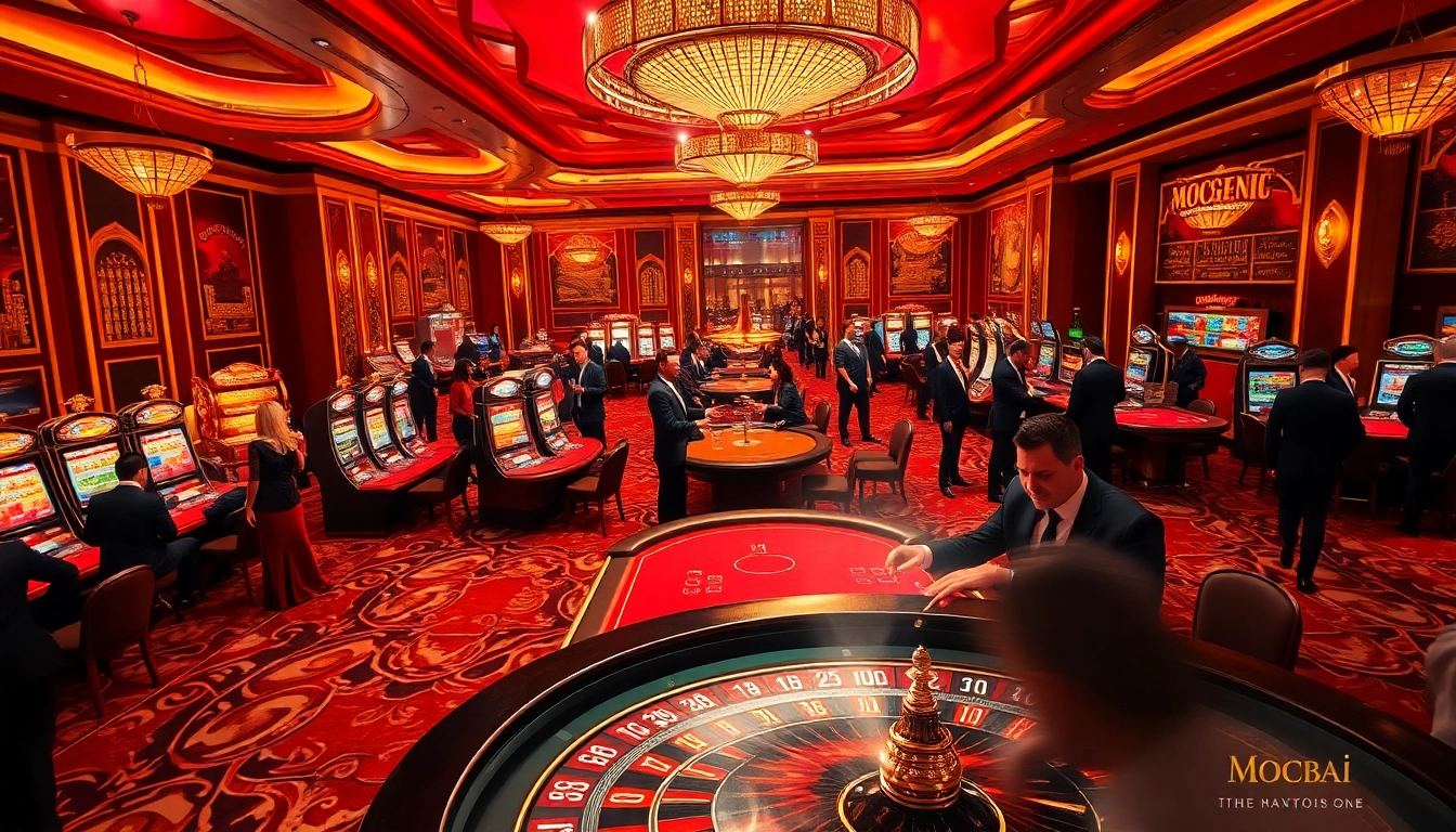 Mocbai casino scene featuring luxurious gaming tables, vibrant slot machines, and excited players celebrating a win.