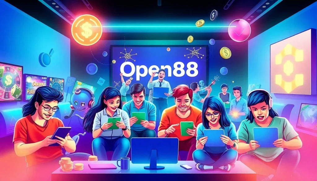 Exciting online gambling scene promoting https://open88seo.com/ with diverse players and modern gaming elements.