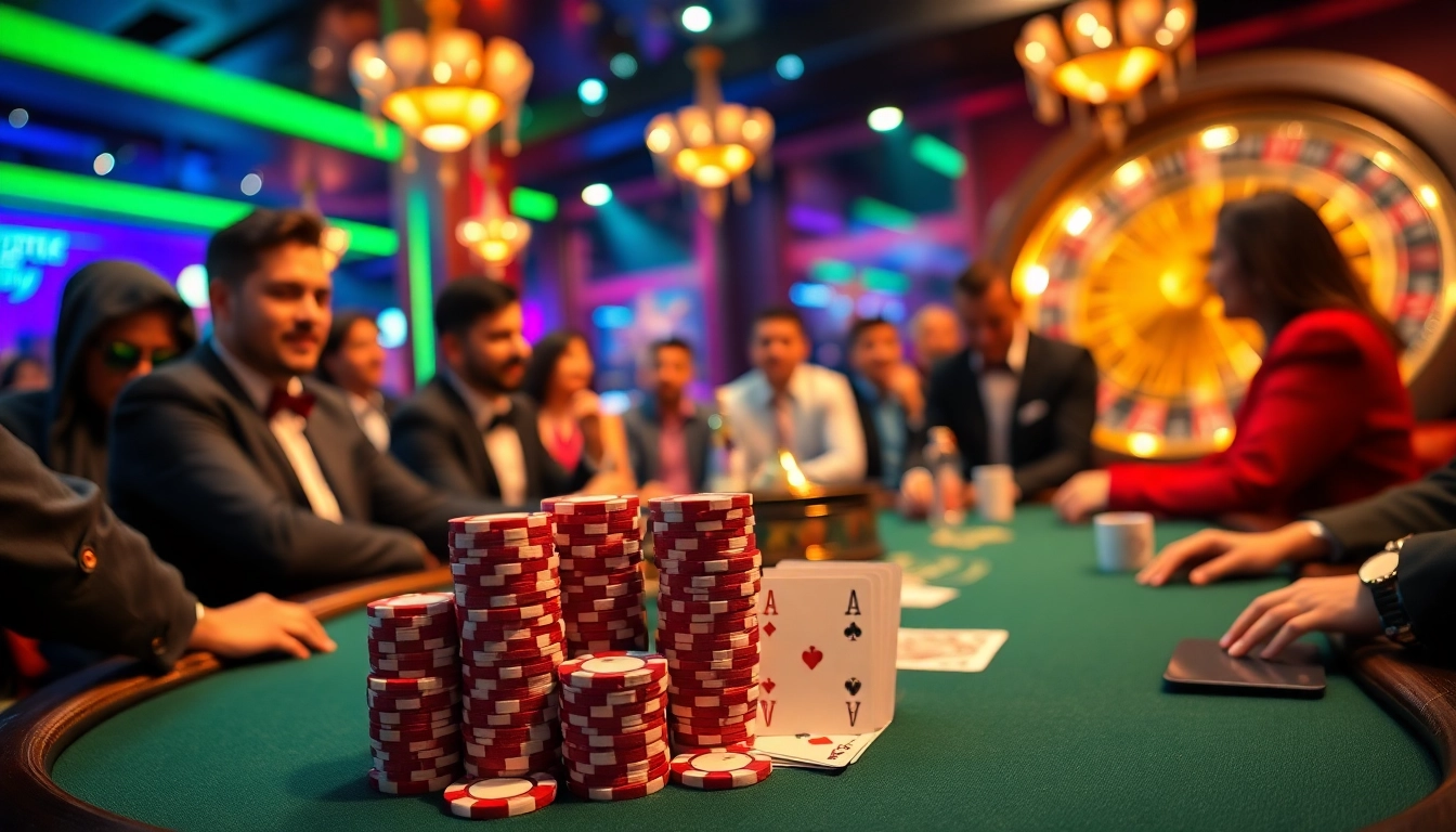 Engaging poker players strategize with MK8-themed chips and cards at a luxurious casino table.