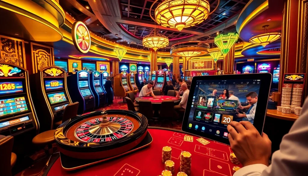 Players enjoying high-stakes gaming at Okfun's glamorous casino with vibrant slot machines and poker tables.