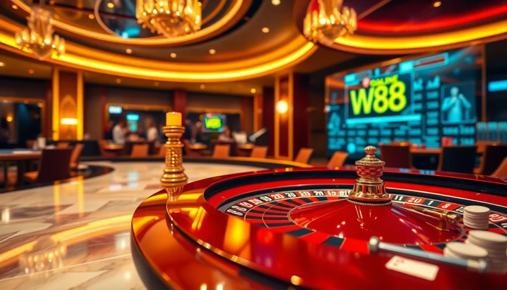 W88 players engaging in a thrilling casino experience at a roulette table with vibrant action.