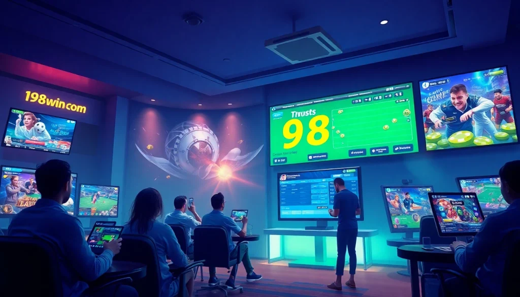 Dynamic online gambling experience at trang chu 98win with engaging players and vibrant game displays.