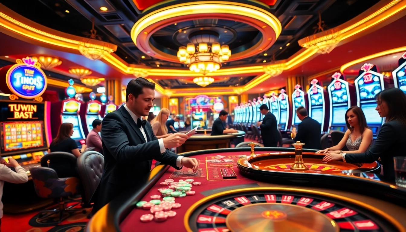 Players enjoying an exciting game at a luxury casino table, showcasing KUWIN's thrilling gambling atmosphere.