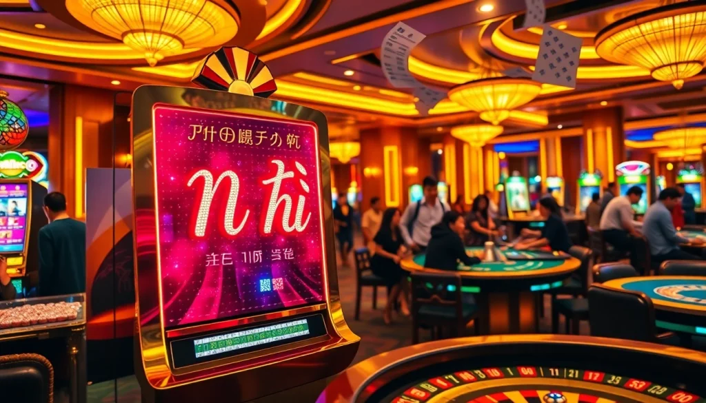 Experience thrilling nổ hũ gameplay with vibrant casino visuals featuring slot machines and excited players.