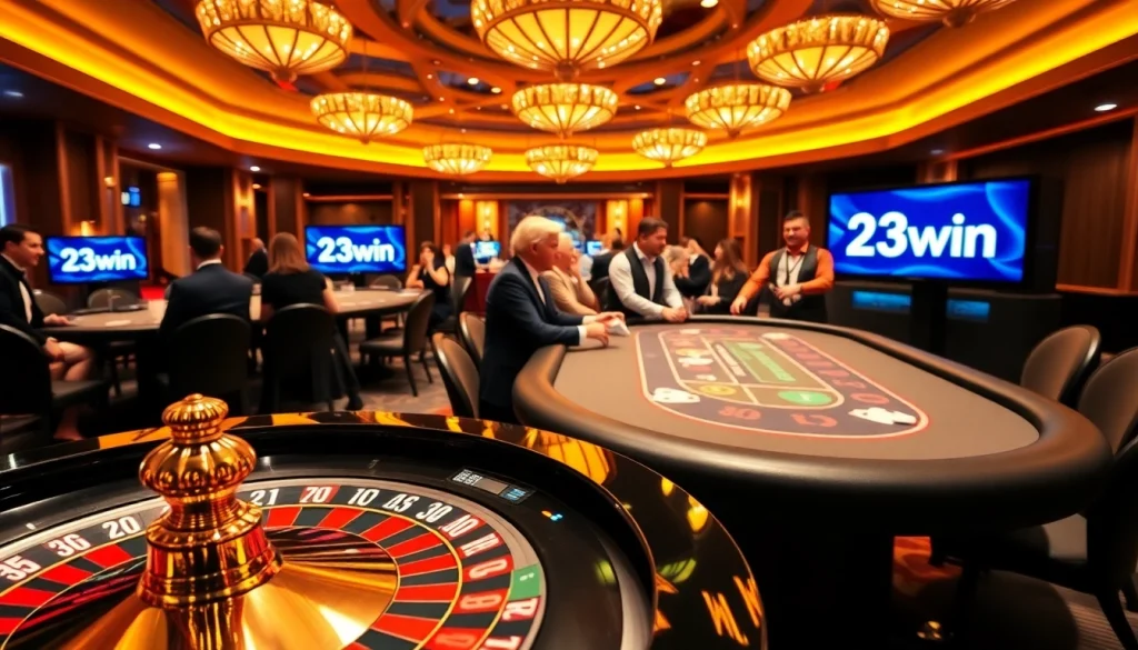 Experience the excitement of 23win with vibrant casino tables, cards, and chips in a luxurious setting.