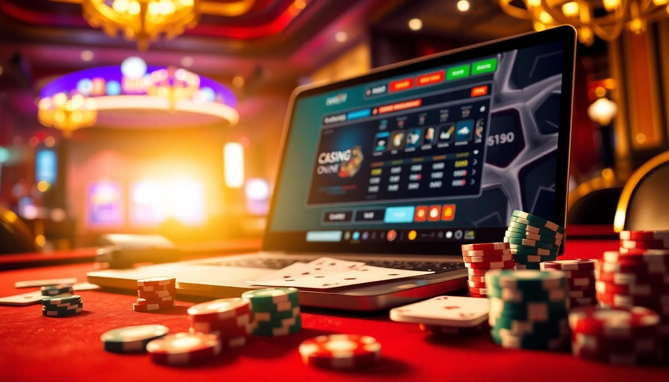 Enjoying a thrilling game of xocdia88 in a vibrant online casino atmosphere with poker chips and cards.