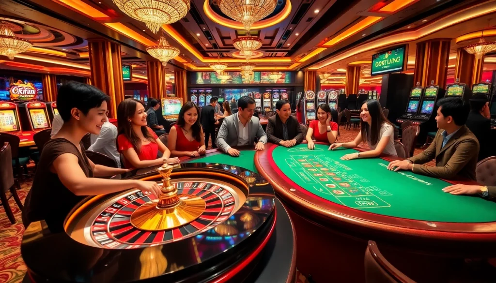 Players enjoying various games at OKFUN Casino, showcasing excitement and vibrant atmosphere.