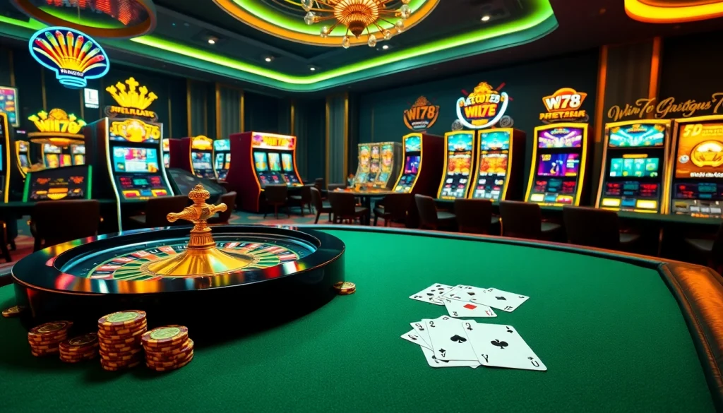 Experience excitement at win78 as players engage with vibrant casino games and luxurious decor.