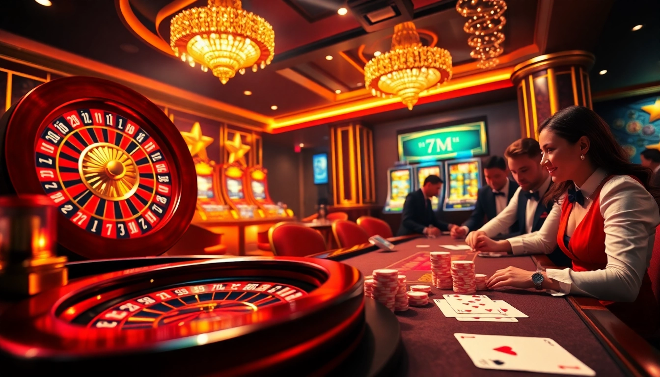 Experience thrilling casino action with 7M poker chips and vibrant slot machines in a luxurious setting.