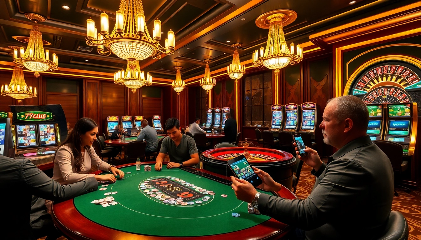 Engaged players enjoying a thrilling experience at 789club casino with poker, roulette, and slot machines.