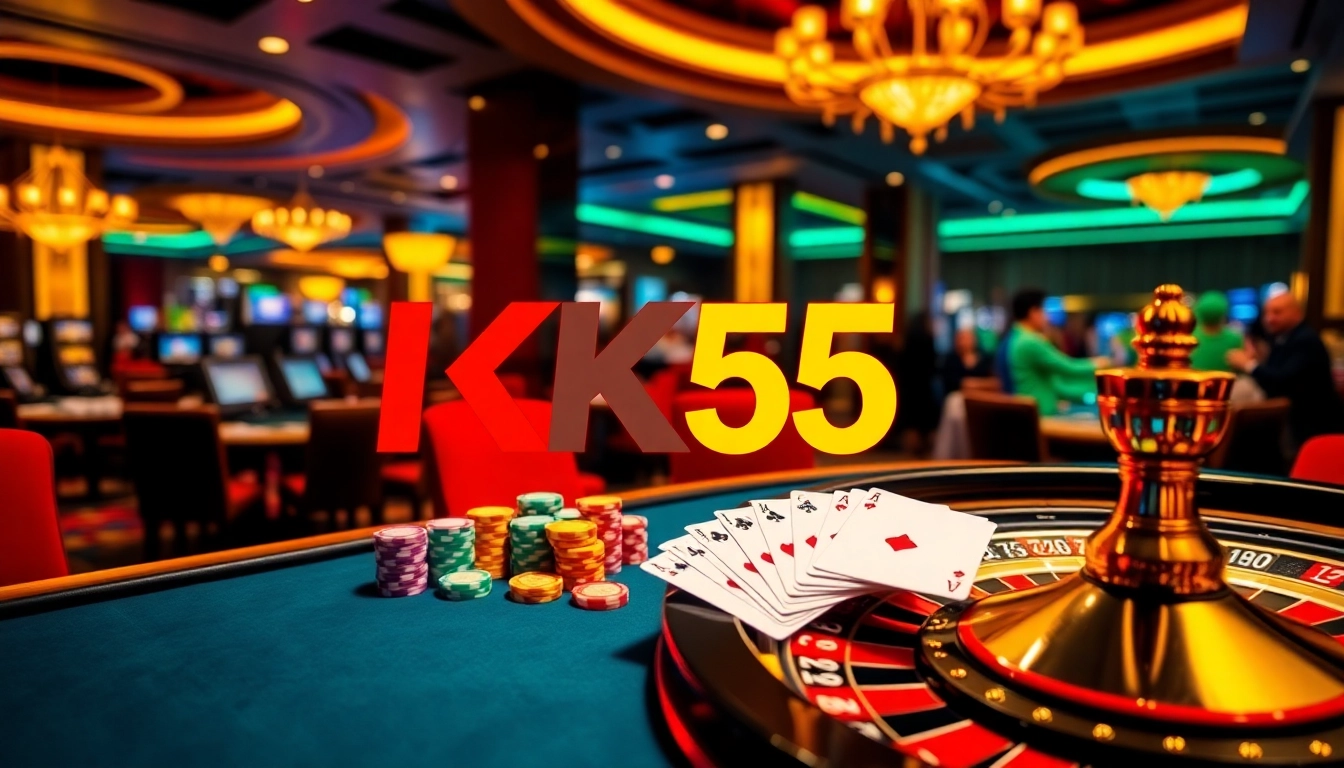A thrilling poker game at KK55 casino with colorful chips and playing cards.