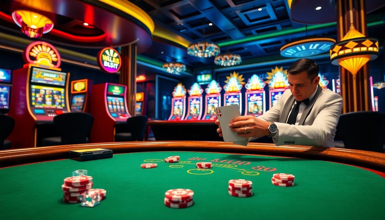 Experience the thrill of gambling at BEM88.com with a luxury blackjack table and vibrant slot machines.