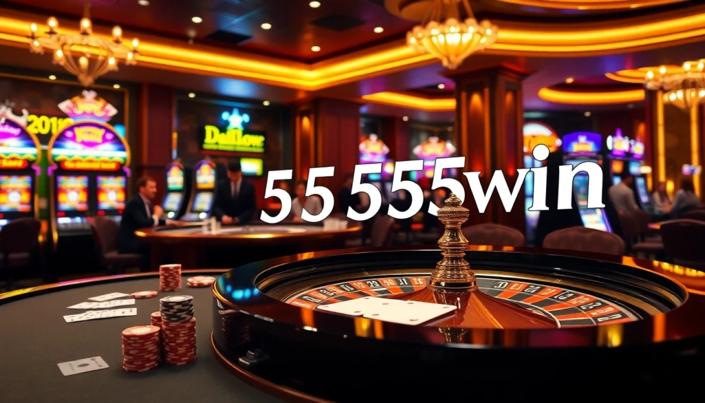 Players engage in thrilling roulette action at 555win casino, surrounded by vibrant slot machines and luxury decor.
