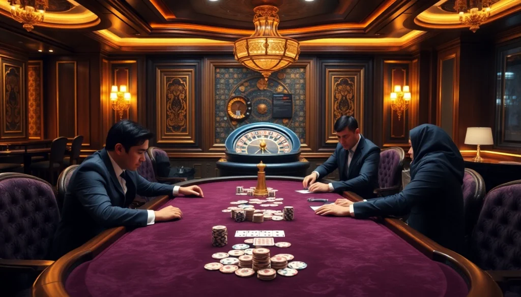 Exciting high-stakes poker game scene at king 88 casino with luxurious details.