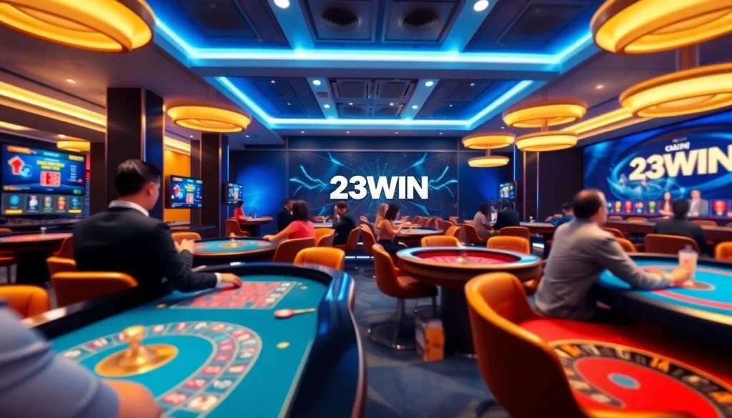 Engaging scene of the 23WIN online casino showcasing players at digital gaming tables.
