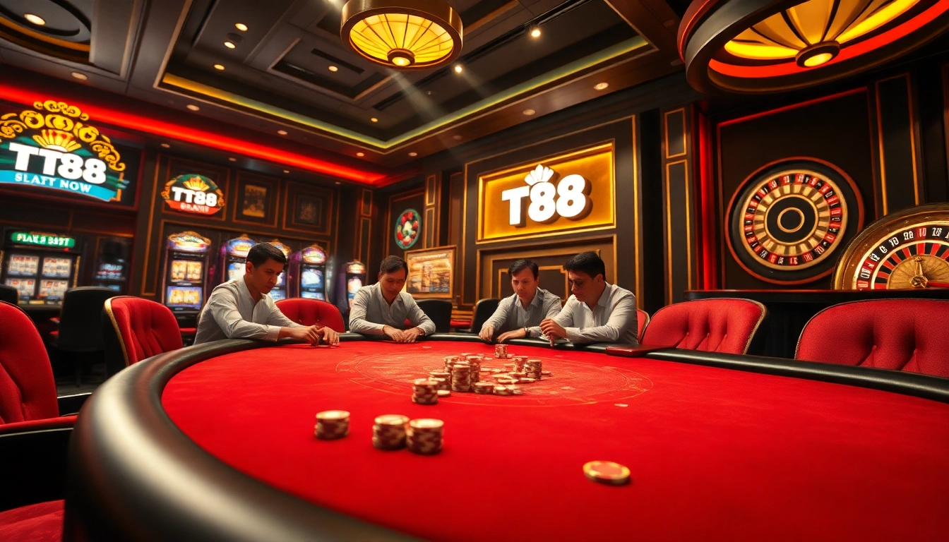 TT88 casino scene with luxury poker table, vibrant slot machines, and exciting atmosphere