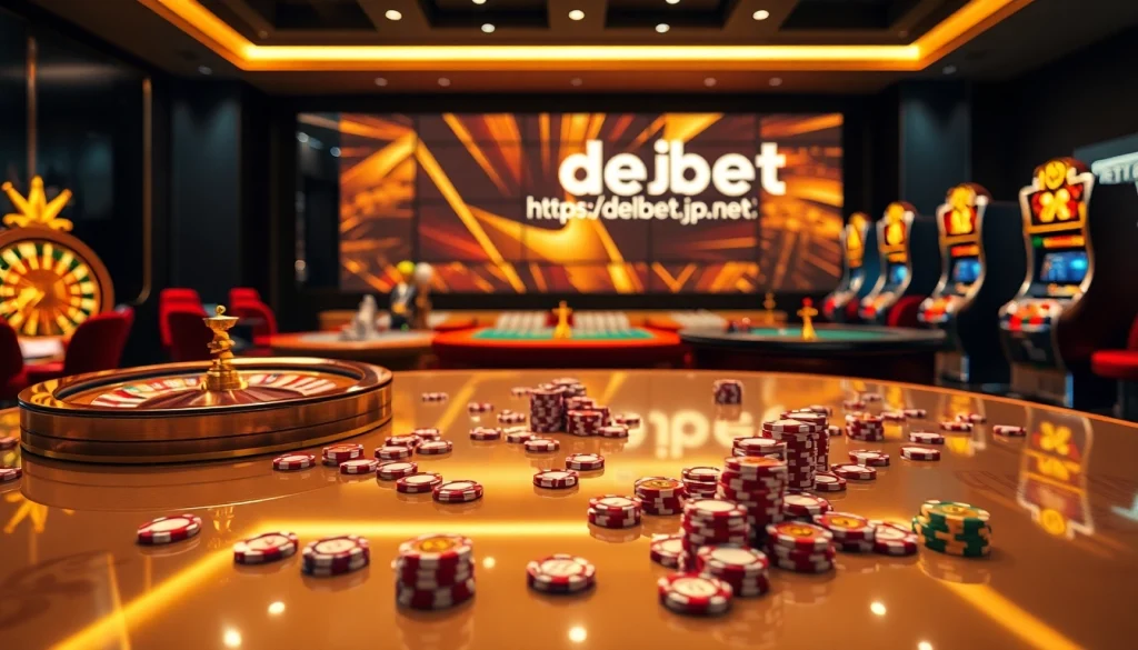 Experience the thrill of gambling at https://debet.jp.net/ with our luxurious casino scene showcasing roulette and slots.