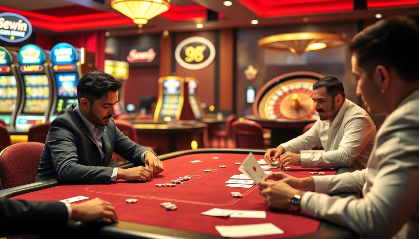 Experience 98win with intense poker action and vibrant casino ambiance featuring slots and roulette.