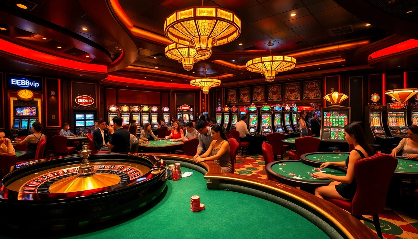 Players enjoying a thrilling casino experience at EE88vip with vibrant gaming tables and slot machines.