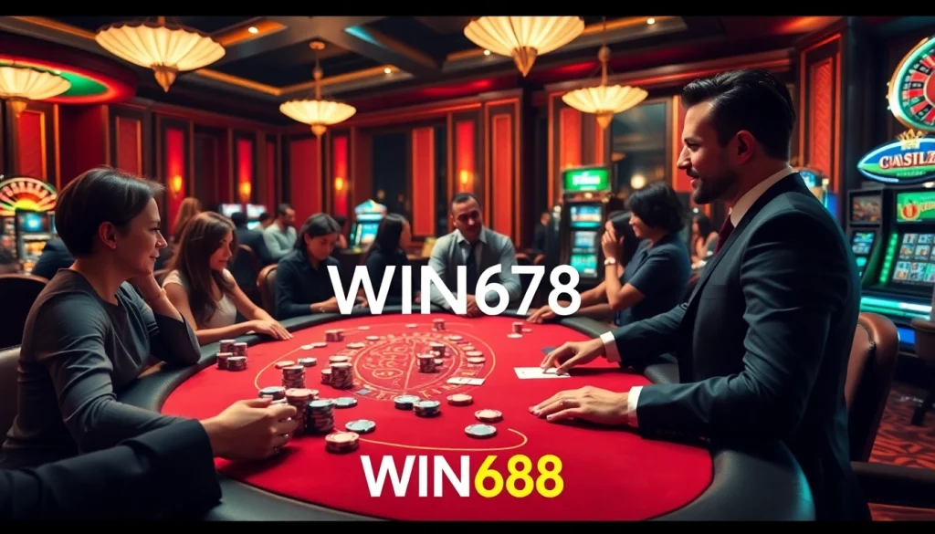 Players enjoying a vibrant gaming experience at WIN678 casino table with poker chips and cards.
