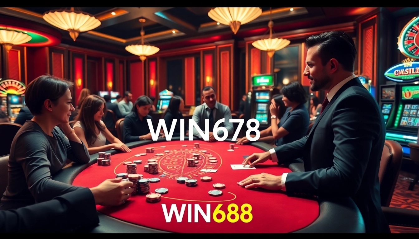 Players enjoying a vibrant gaming experience at WIN678 casino table with poker chips and cards.