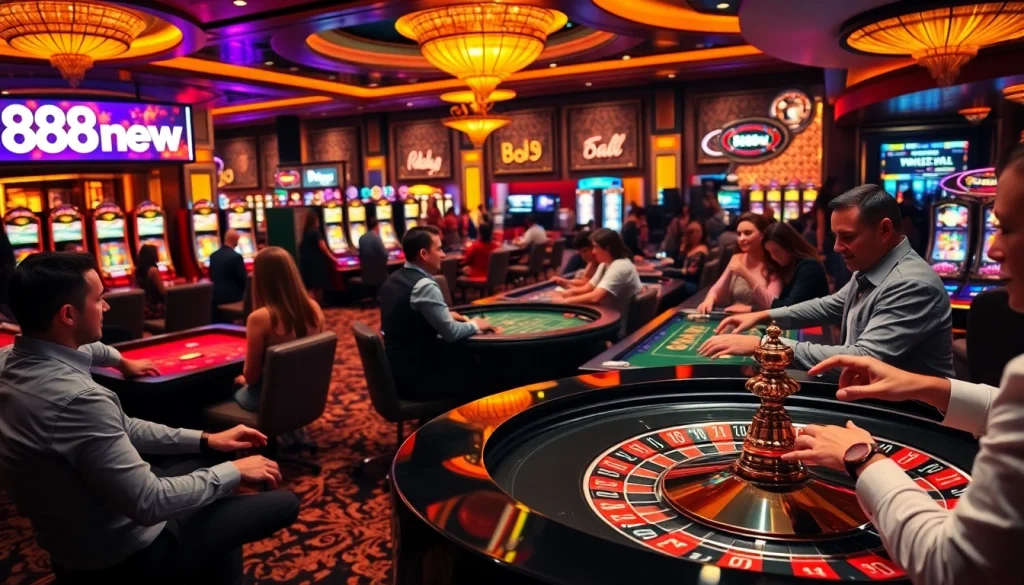 Experience the thrill of 888new as players engage at vibrant casino tables with roulette and slot machines.