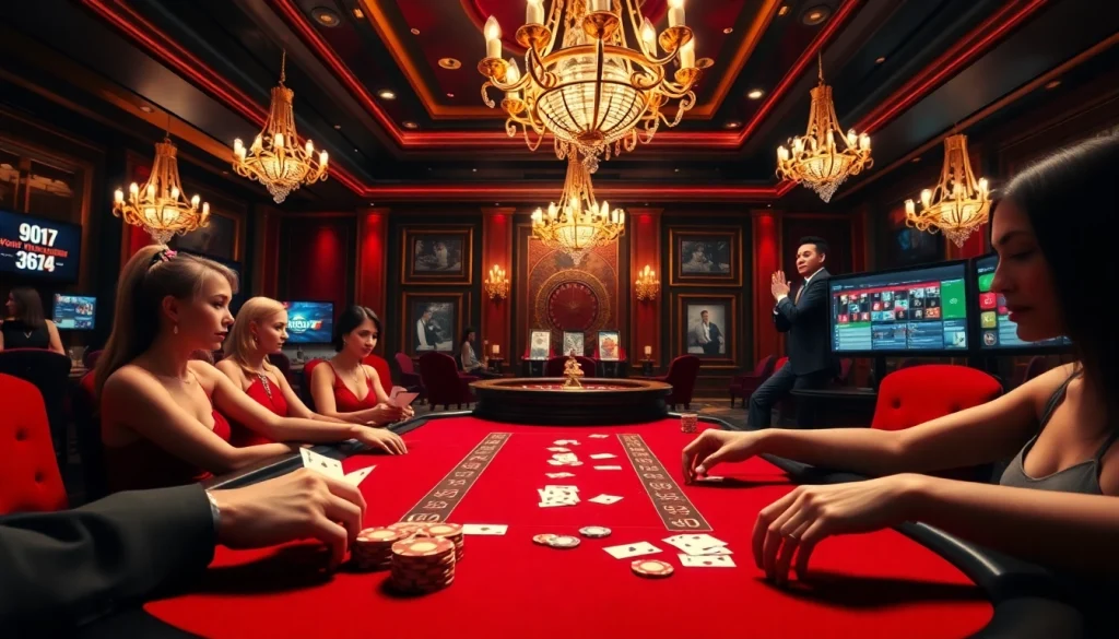 Players enjoying a poker game at U888 casino, with vibrant ambiance and luxury decor.
