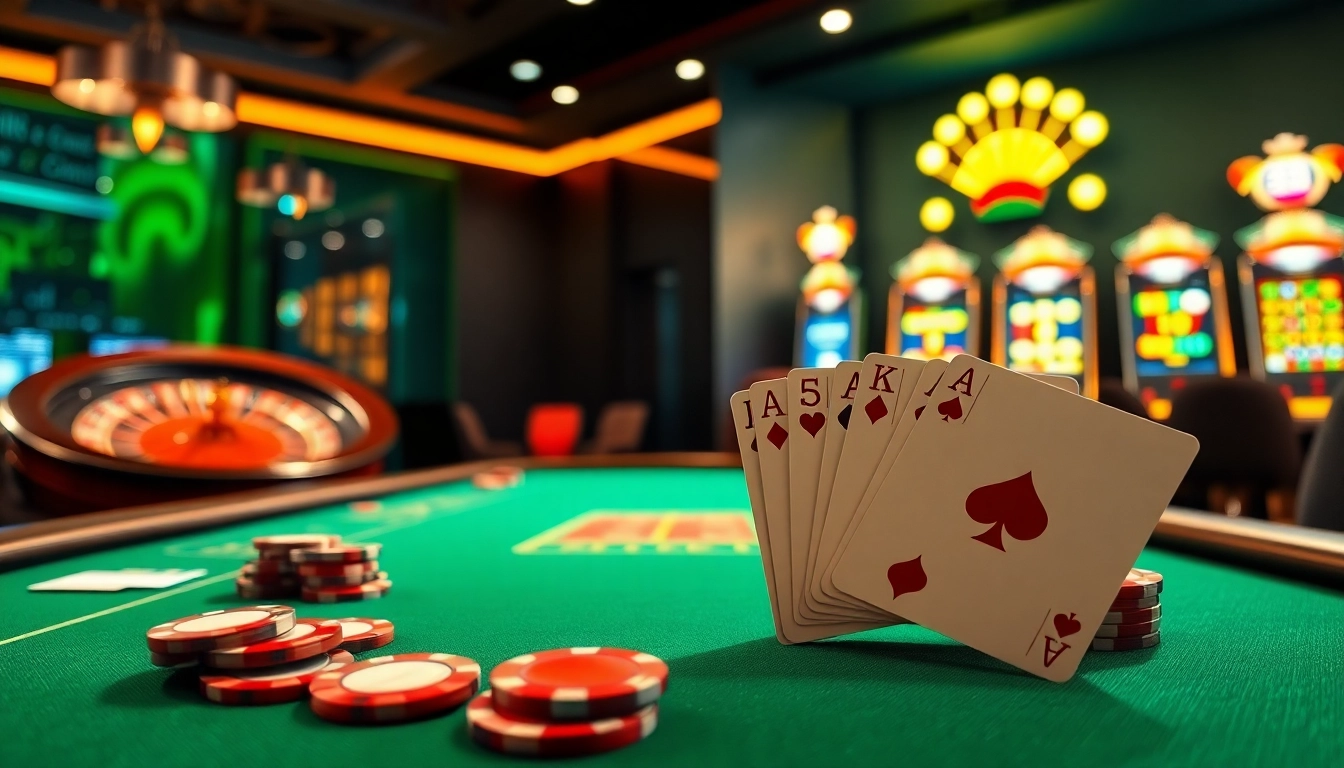 Experience thrilling poker action at KK55 casino, featuring elegant tables and vibrant colors.