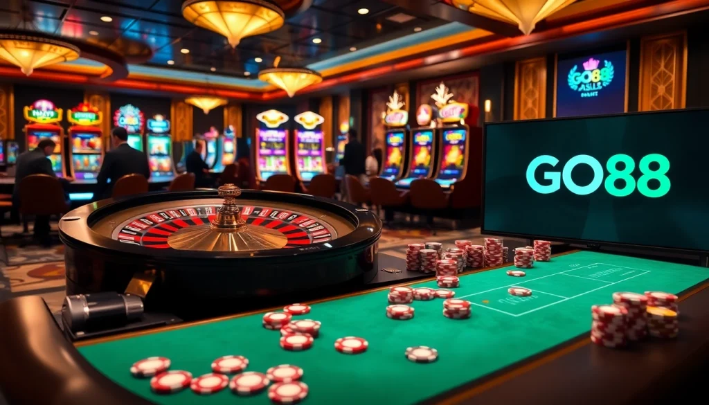 Players engaging in thrilling games at Go88 casino with roulette and slot machines.