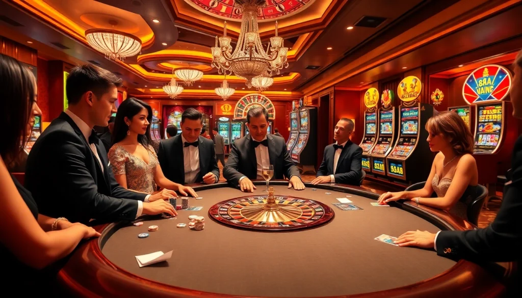 Players enjoying high-stakes gaming at the luxurious 88aa casino table with roulette and poker.