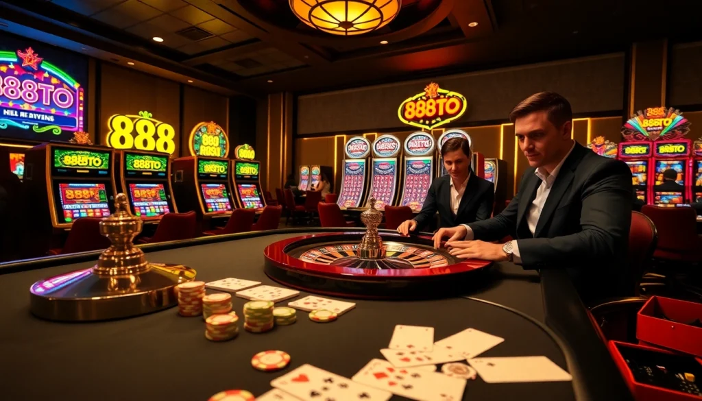 The thrilling gaming experience at 888TO, showcasing poker chips and a roulette wheel in a luxurious casino.