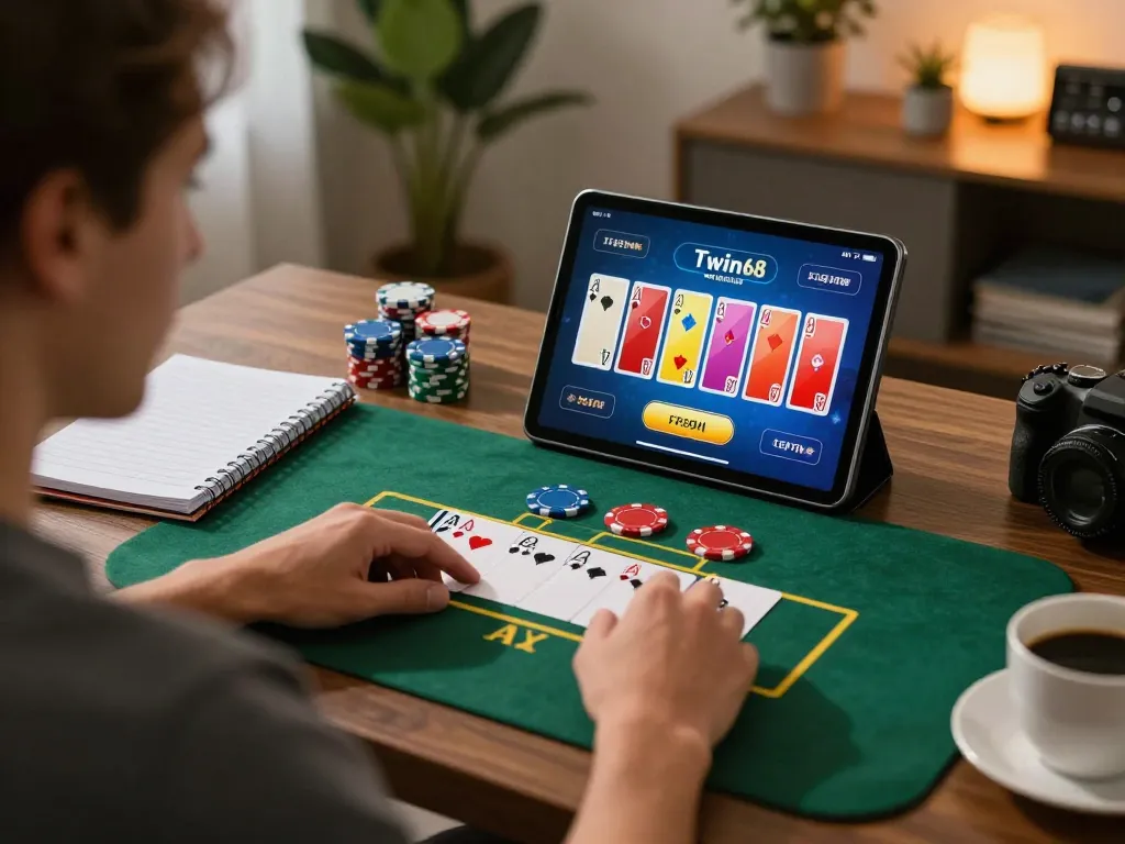 Engaging moment of a user enjoying twin68 poker on a tablet at home, showcasing strategic betting.
