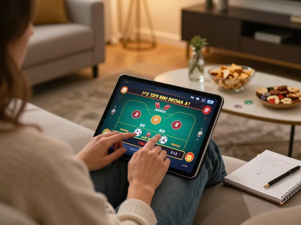 Engaging with 789bet online poker game at home in a cozy living room setting