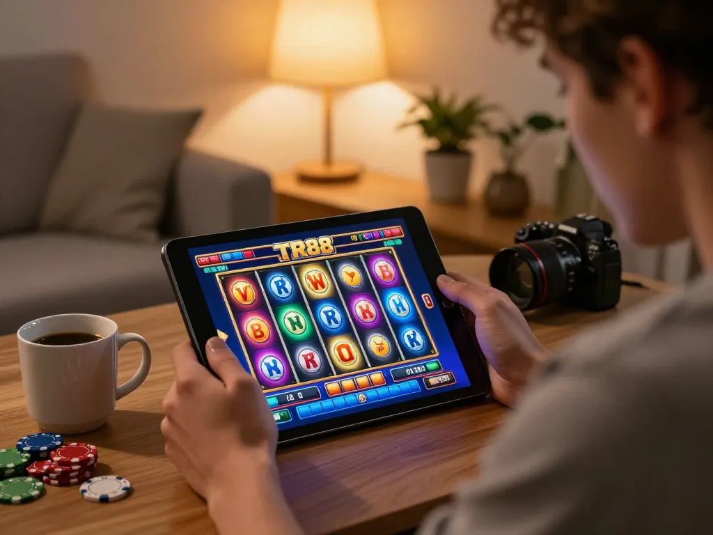 Engaging online gaming session on TR88 slot game with cozy home atmosphere