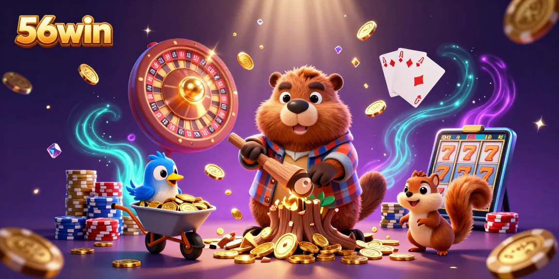 Engage in thrilling wins at 56win with gold coins cascading around lively casino characters.