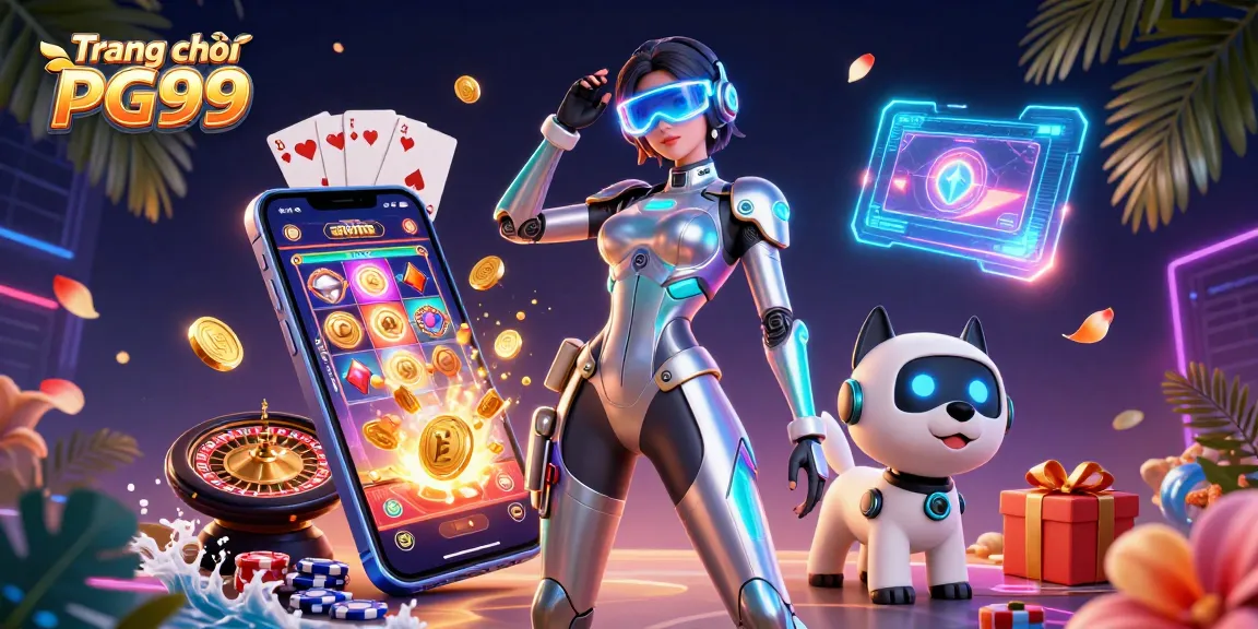 Engage with the vibrant world of Trang chủ PG99, showcasing a futuristic casino theme with a 3D gaming woman and robot dog.