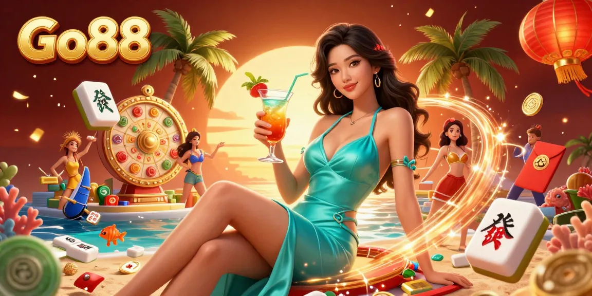 Experience the thrill of Go88 fishing games with vibrant visuals of a glamorous tropical casino scene.