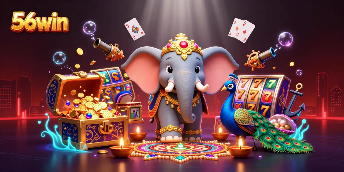 Engage with vibrant 56win themed casino illustration featuring an enchanting elephant and lively gaming elements.