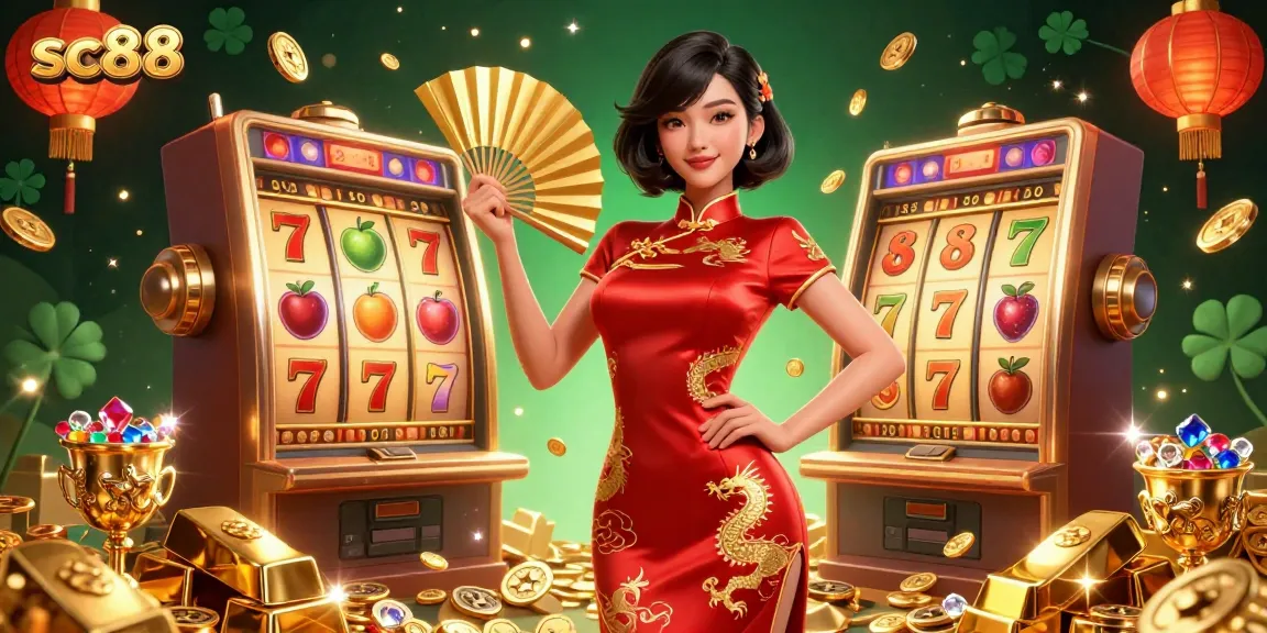 Spin the reels for thrilling wins at sc88, featuring vibrant slot machines and treasure in a captivating casino scene.